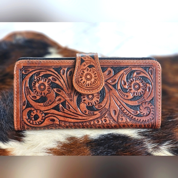 Handmade Handbags - Handmade Western Genuine Leather Tooled Textured Cognac Brown Bifold Wallet